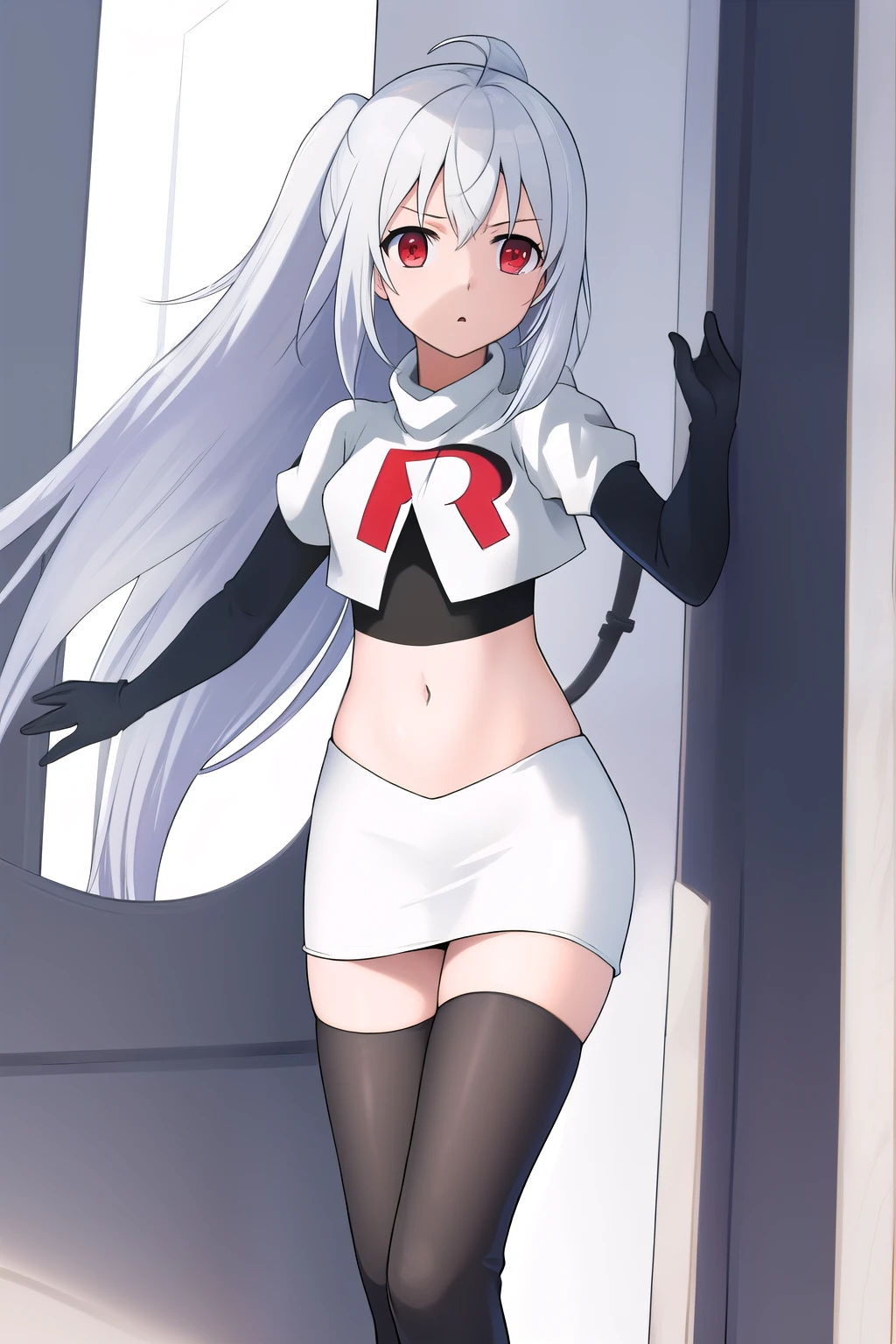 def_azura, yellow eyes ,1girl,team rocket,team rocket uniform, red letter R, white skirt,white crop top,black thigh-highs ,black elbow gloves,