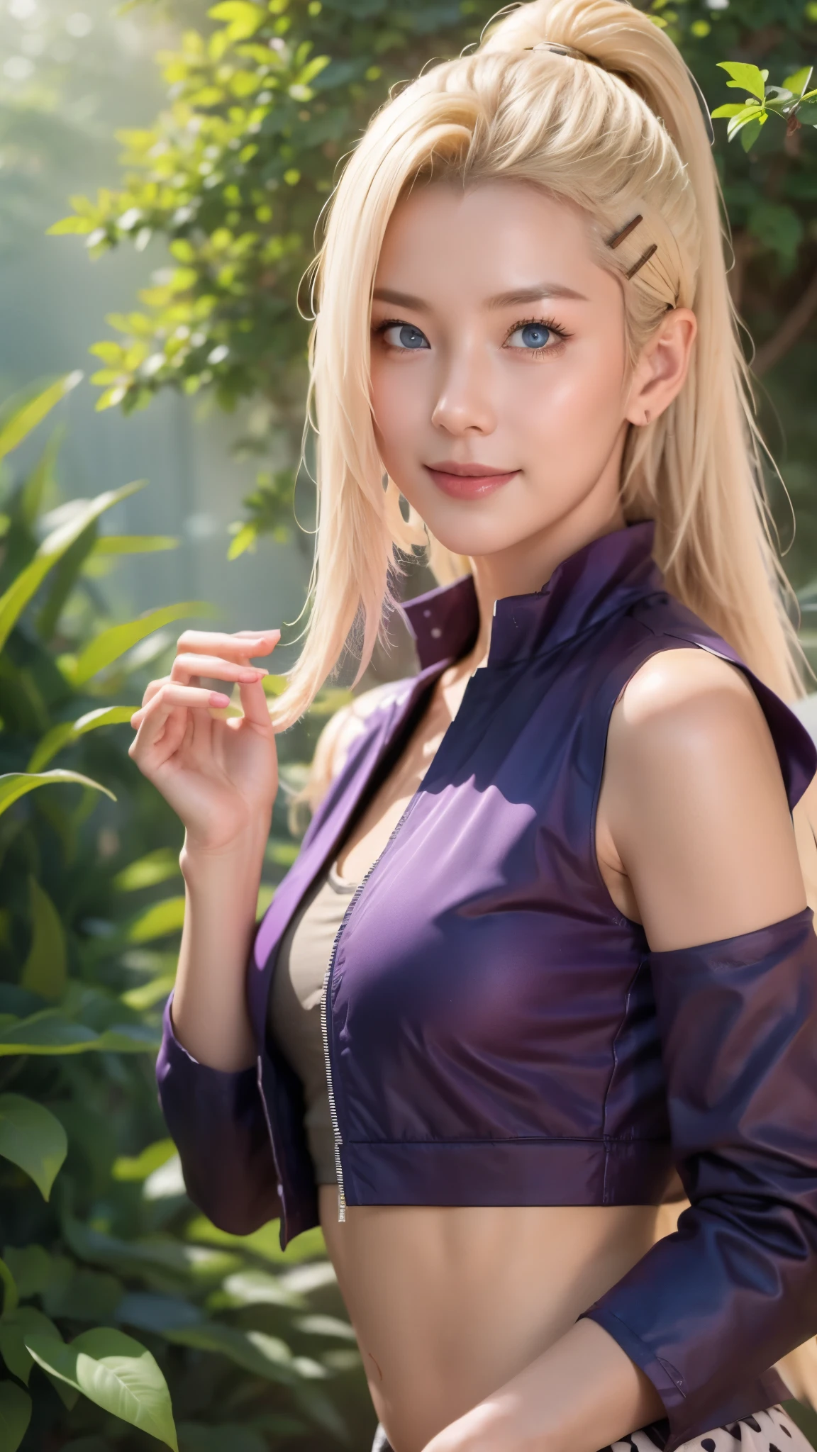 a close up of a person with long hair and a purple jacket, yamanaka ino, yamanaka ino from naruto shippuden, as an anime character, perfect anime face, she has yellow hair with bangs, shemale anime character, anime character, anime best man, hime cut hairstyle, yellow hair, blue eyes, smile, realistic, ultra detail, city background, (beautiful face:1.3)