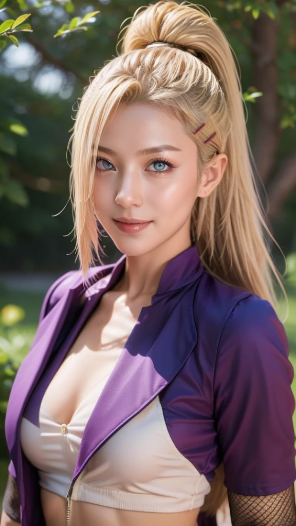 a close up of a person with long hair and a purple jacket, yamanaka ino, yamanaka ino from naruto shippuden, as an anime character, perfect anime face, she has yellow hair with bangs, shemale anime character, anime character, anime best man, hime cut hairstyle, yellow hair, blue eyes, smile, realistic, ultra detail, city background, (beautiful face:1.3)