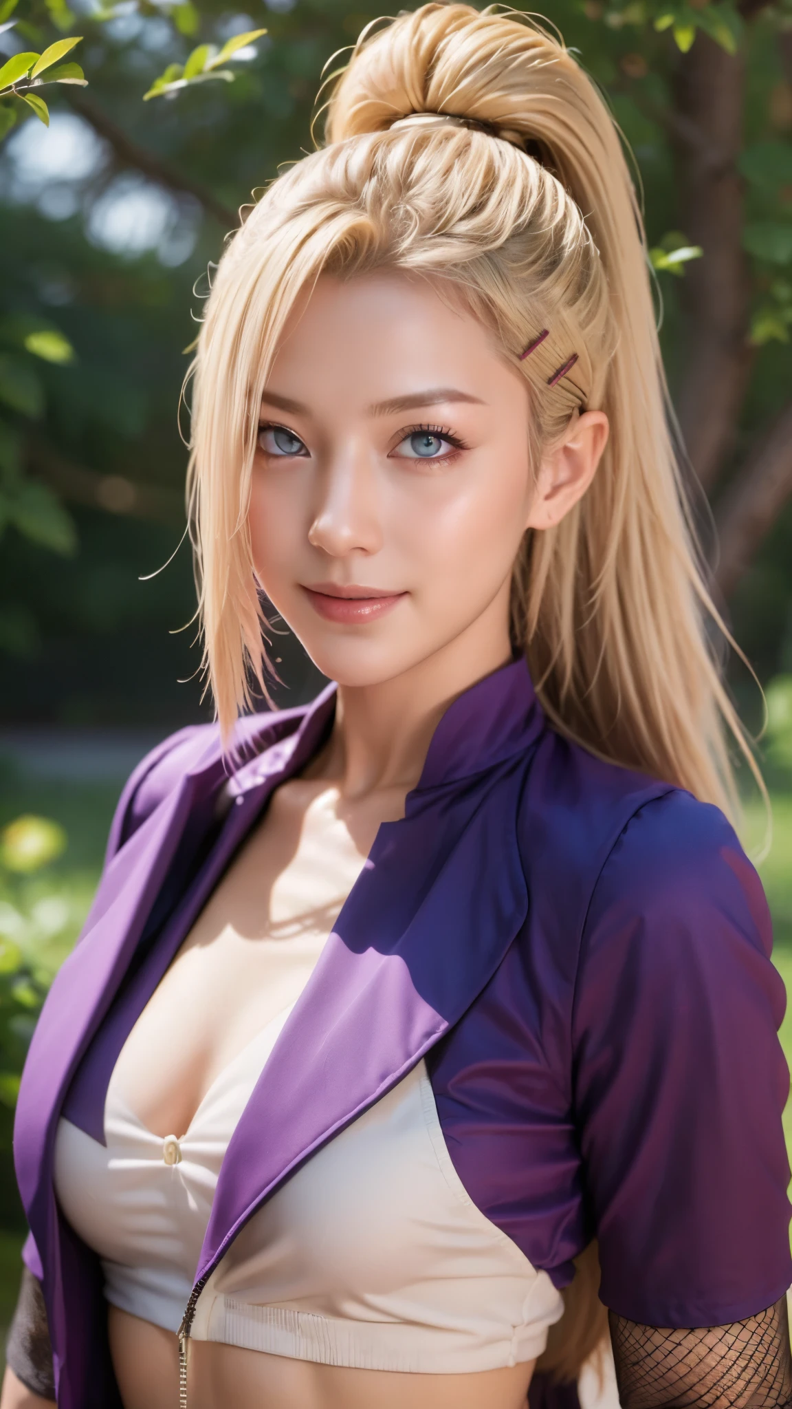 a close up of a person with long hair and a purple jacket, yamanaka ino, yamanaka ino from naruto shippuden, as an anime character, perfect anime face, she has yellow hair with bangs, shemale anime character, anime character, anime best man, hime cut hairstyle, yellow hair, blue eyes, smile, realistic, ultra detail, city background, (beautiful face:1.3)