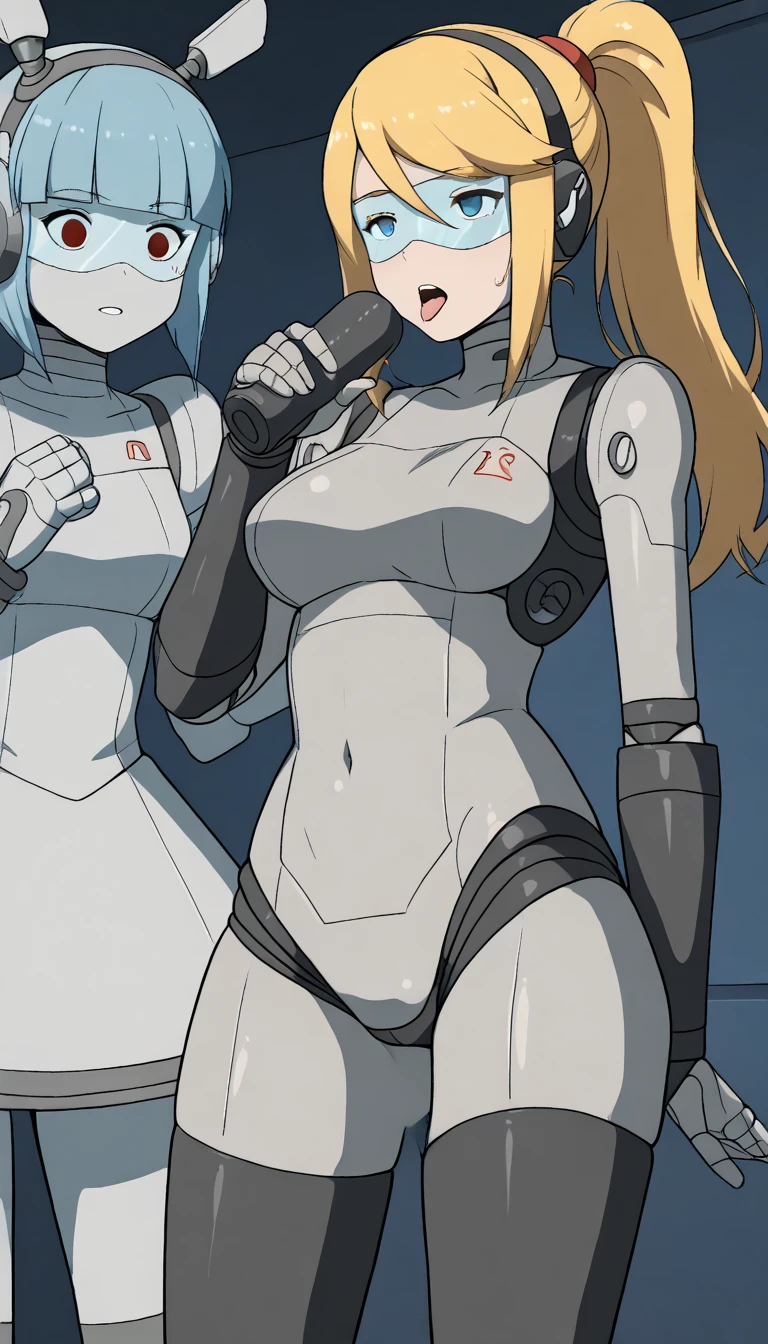 masterpiece, best quality, extremely detailed, (8K, 4K, Best Quality, hight resolution, 超A high resolution:1.1), ,8k portrait, Japaese android Girl,Plump , dark black leg cover,announcer,control panels,android,Droid,Mechanical Hand, Robot arms and legs, Blue Robot Parts,yellow ponytail,Mechanical body,Blunt bangs,perfect mechanical abdomen,blue robotics parts,perfect robot woman,future laboratory,cyber pank,charging spot,laboratory,long tube,thick cable connected her neck,blue ceramic body ,perfect mechanical body, blue robot body,lod antenna,mechanical ear cover,android,robot humanoid,black sponge joints,The removable cover is in the groin,The connection port is in the groin,opened chest panel,access panel on the chest,opened breast panel,perfect mechanical breast,perfect black machine body,perfect black android body,She has repaired,assembly plant,no human skin,visor,mistyrobot,samus aran,dress,malfunction,robot joint,doll joint,robotization,partial robotic,empty eyes,dress,android,approaching,extremely slender figure,more girls,fellatio,yuri,lesbian,licking pussy,ahegao