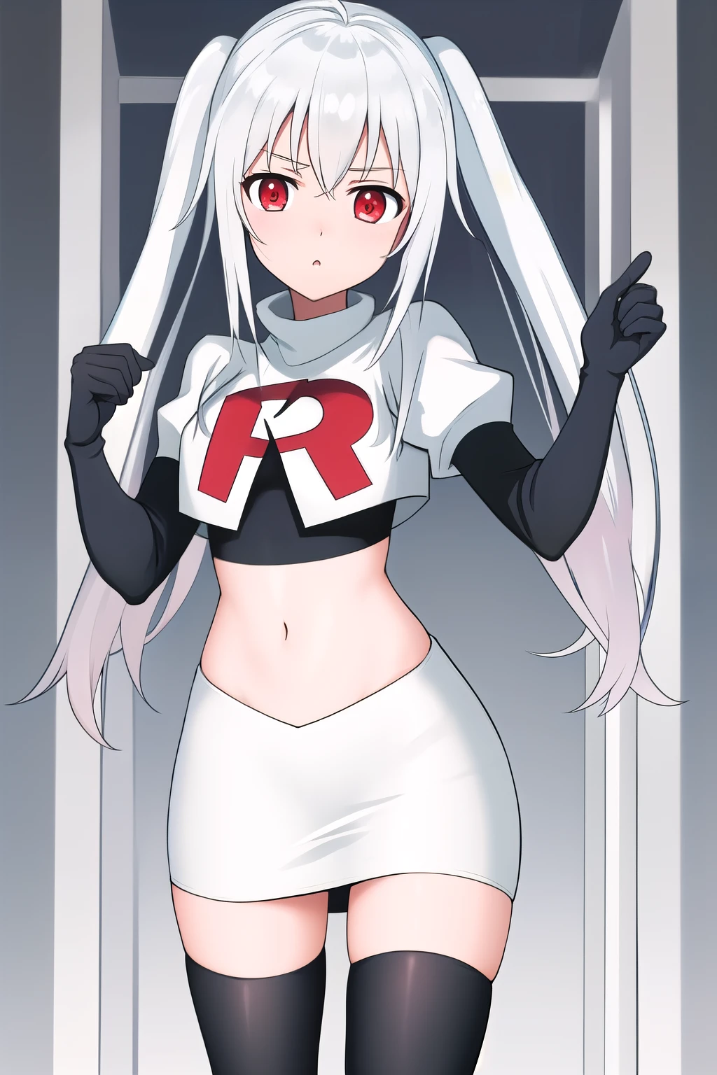 riselia,1girl,solo,braid,earrings,looking at viewer,blue eyes,bangs,ribbon,red ribbon,braided bangs,blush,team rocket,team rocket uniform,white skirt,red letter R,crop top,black thigh-highs,black elbow gloves