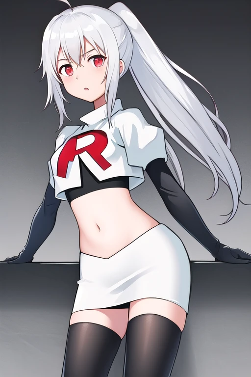 masterpiece, best quality, absurdres, perfect anatomy, 1girl, solo, Nakiri Ayame, long hair, twintails, AyameCasual, hair ribbon, x hair ornament, team rocket,team rocket uniform,white skirt,crop top,black thigh-highs,black elbow gloves,