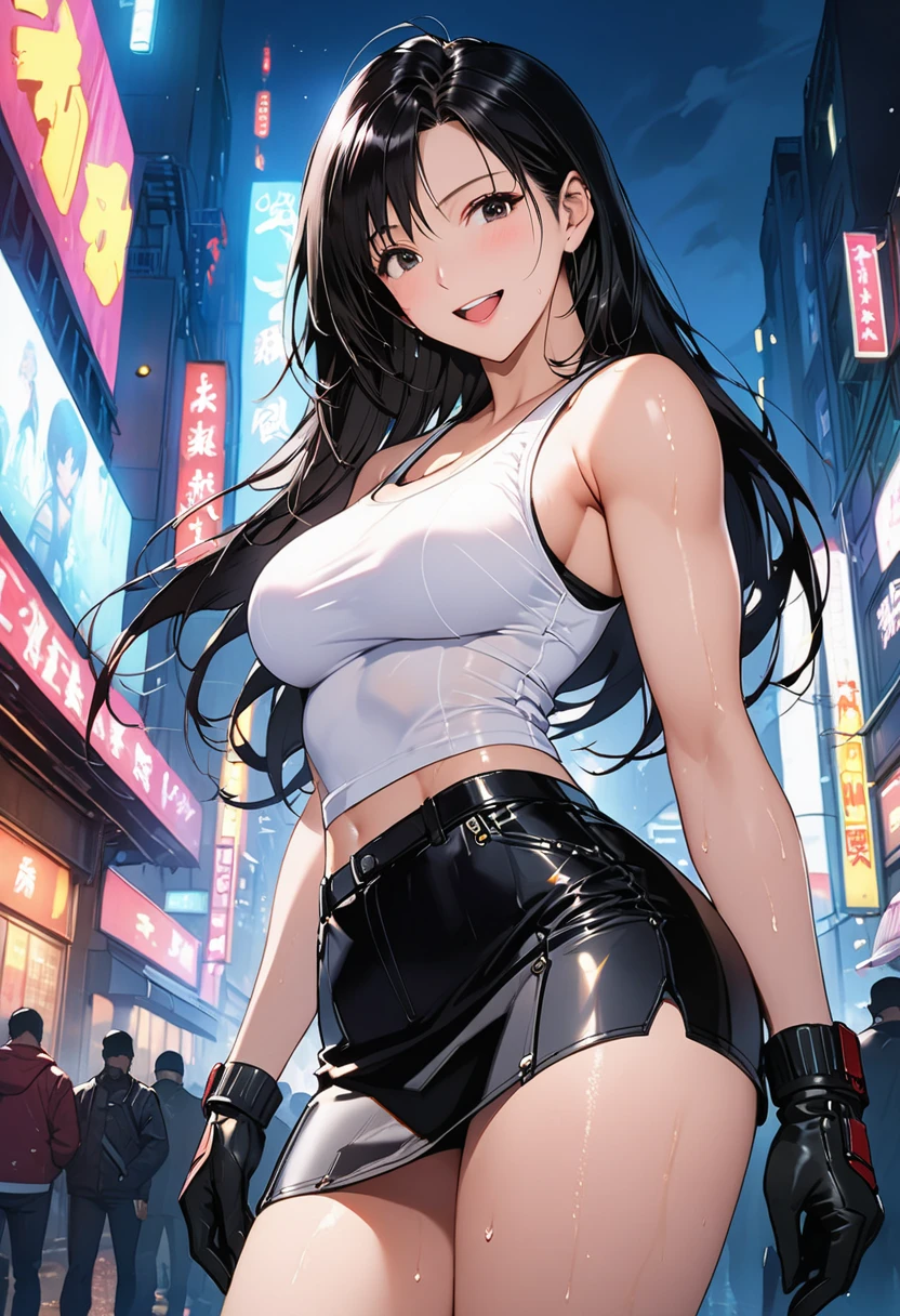 masterpiece, Best Quality, High resolution,16k,official art,super detailed skin,detailed,animated painting, (Tifa Lockhart:1.3),1990s \(style\),(white tanktop,black mini skirt,black glove:1.3)、(G-cup beautiful breasts)、clevage, (tall:1.3),height: 170cm,Fashion model body type、Sweating all over the body、vapor、(Muscular:1.4)、abdominal mustle,(sexy),nsfw,Sweaty、Configuration from the front、happy,big laugh,Ahegao、Anime-style painting style,black hair,long hair,Close up on full body,Cinematic lighting,Superfine,in the city,night,winter,cyberpunk,(sexy),extreme closeup