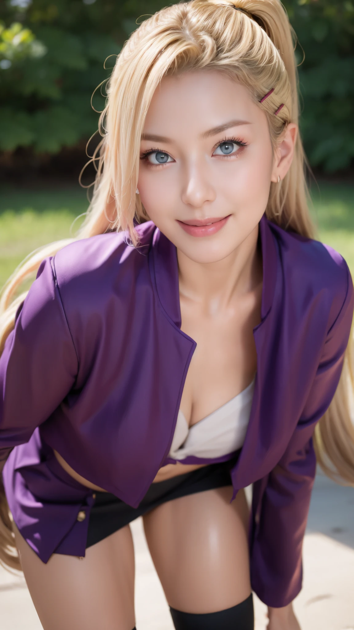 a close up of a person with long hair and a purple jacket, yamanaka ino, yamanaka ino from naruto shippuden, as an anime character, perfect anime face, she has yellow hair with bangs, shemale anime character, anime character, anime best man, hime cut hairstyle, yellow hair, blue eyes, smile, realistic, ultra detail, city background, (beautiful face:1.3)