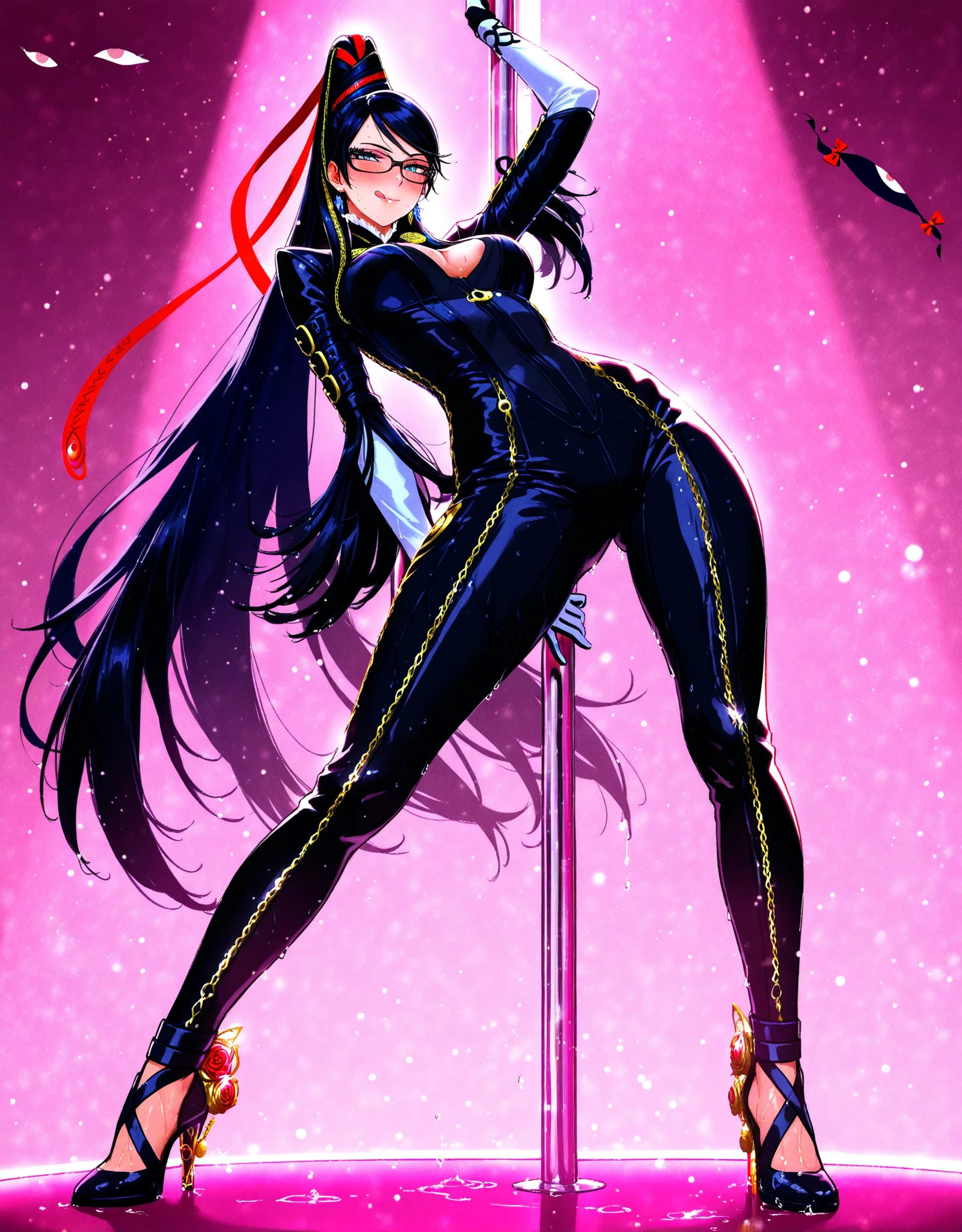 1 girl, Bayonetta, Bayonetta 1 suit, smile, licking lips , axila, wet, sweat, blush,  gap between thighs,  backlight , naughty face, pink background, (skin texture:1.2),  curvilinear , reflector,  light particles , 
standing, ( pole dance:1.5),  High Definition, High quality, full body, High heel