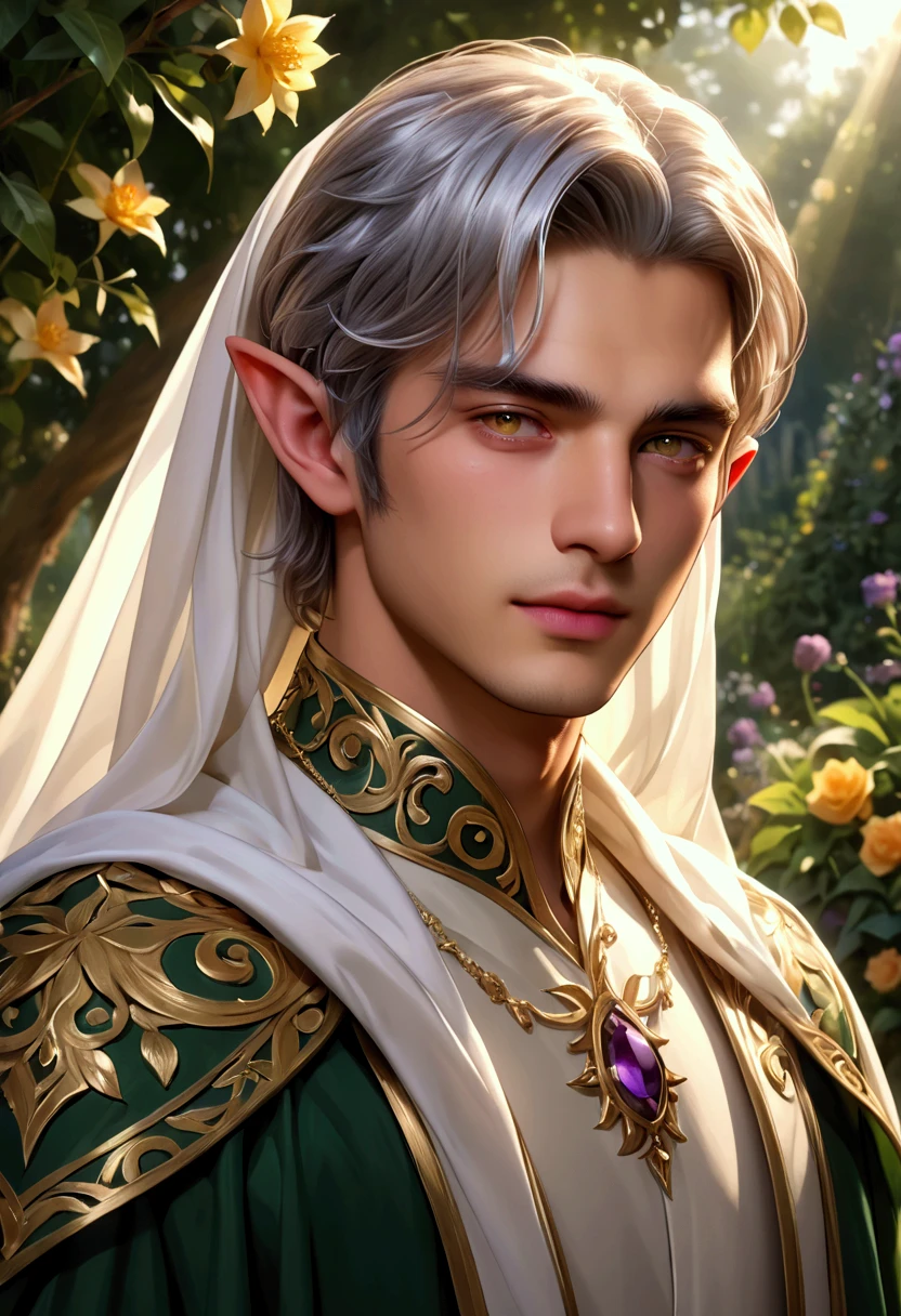 (Best quality, 4k, 8k, high, masterpiece: 1.2), very detailed, (realistic, photorealistic, photo-realistic: 1.37), a young man, , with short white hair, detailed beautiful golden eyes with long eyelashes, Elf ears, very detailed white skin, wearing dignified and regal attire befitting an Elf prince, standing in a lush green garden, bathed in golden sunlight. The young man exuded a mysterious aura with his silver-white short hair glistening under the sunlight. His golden eyes were charming, reflecting wisdom and charm. His elf ears add an otherworldly charm to his appearance.

His white skin was carefully crafted, accentuating his youthful and masculine features. His attire was majestic and befitting royalty, with flowing robes in shades of emerald green adorned with intricate golden embroidery and silver accents. The design featured leaf and vine motifs, symbolizing harmony with nature, while a fine cape with a shimmering edge added to his regal demeanor. A subtle, gem-encrusted brooch fastened his cloak at the shoulder, and a delicate circlet of silver adorned his head, marking his noble status.

He stood confidently, exuding both grace and authority, his posture enhanced by the elegance of his attire. The garden around him was filled with bright flowers and lush vegetation, evoking a sense of serenity and tranquility. The golden sunlight created a warm and enchanting atmosphere, casting long shadows on the ground. The overall view was stunning, with every little detail meticulously captured in the artwork. The color palette was rich and bright, with hints of purple and green, adding depth and harmony to the composition. The lighting was soft and warm, highlighting the natural beauty of the young man, his princely attire, and the enchanting garden.

