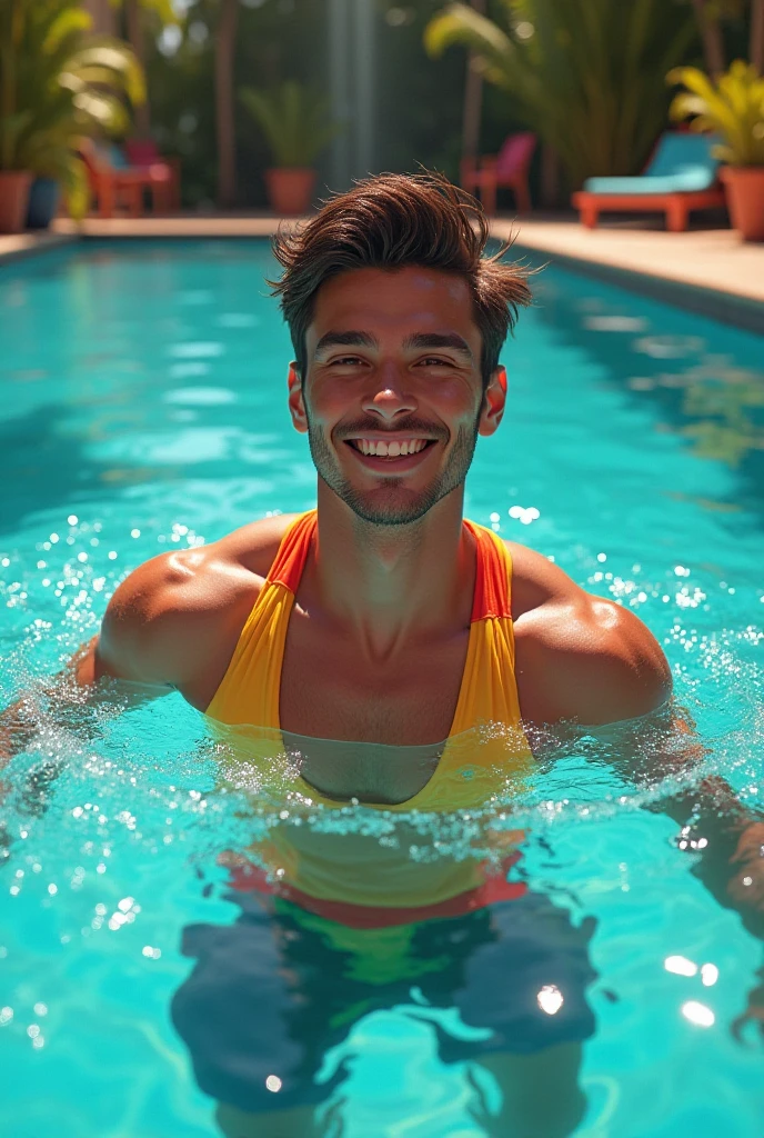 male Age 20 swimwear lifeguard topless smile