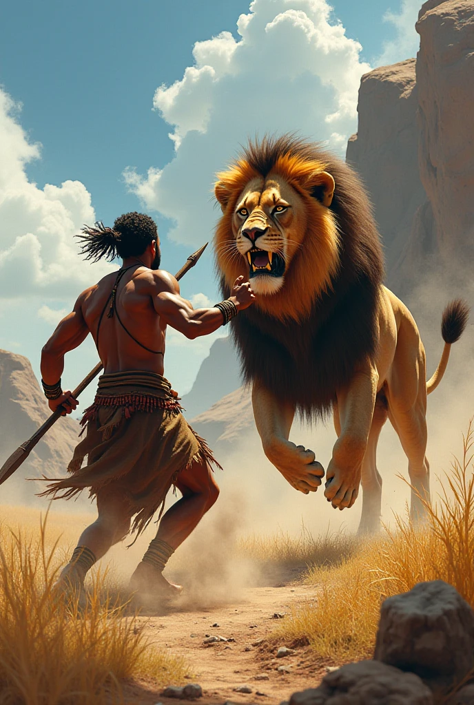 A man is fighting a very strong lion and some warriors are screaming and several animals are watching the fight.