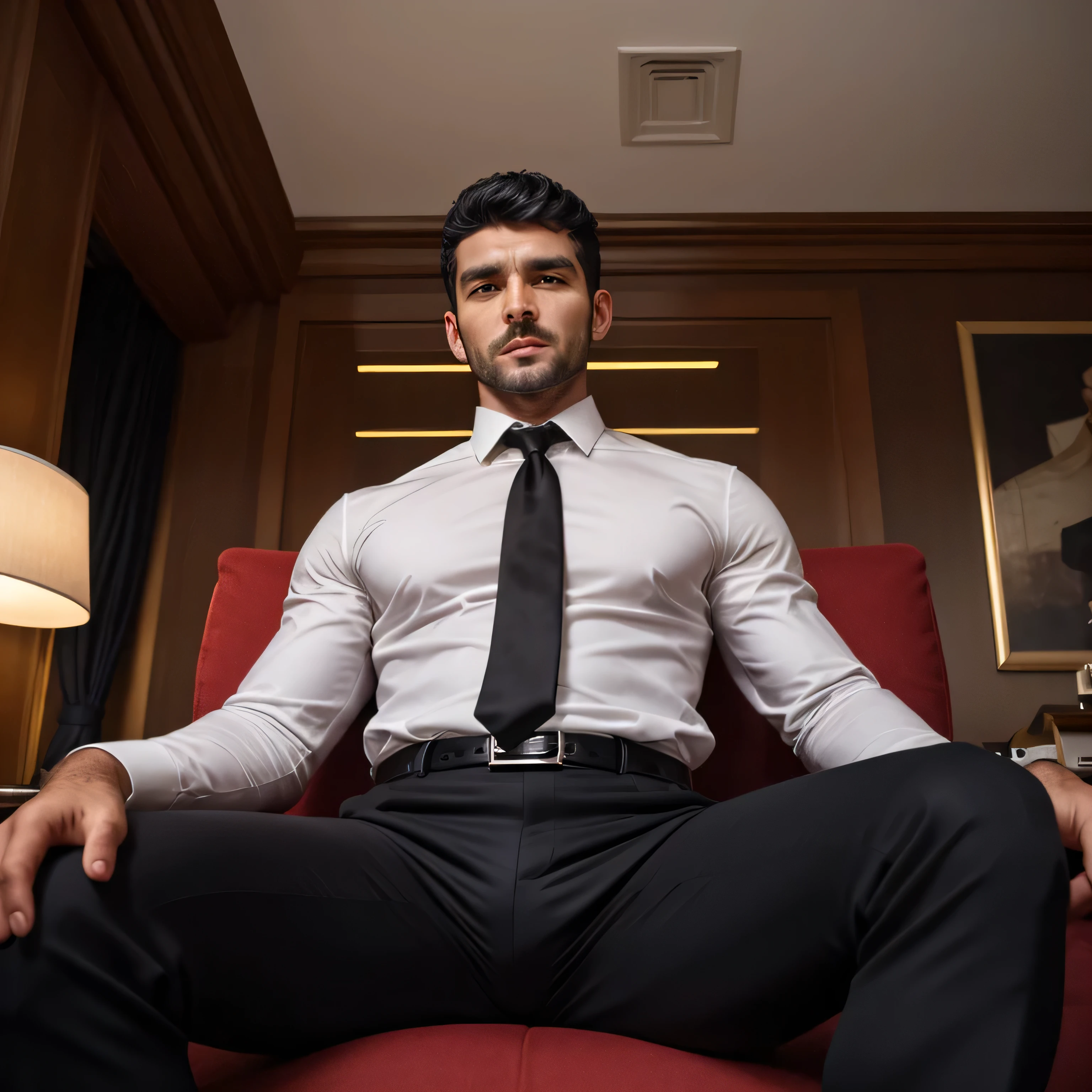 Indian business man bandhoiz thick beard dark color body laying on bed in formal suit Pain is raging on the face, little mouth open and making aggressive face expressions with eyes closed, the head is tilted backtall nude hairy legs and big monster penis, formal pointed shoes and socks, masterpiece, realistic, hd, hdr, D750F nikon camera photography, sharpness, perfect photography