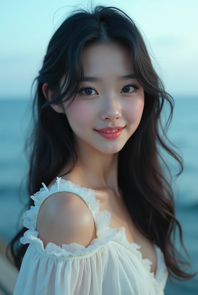 Masterpiece, Top Quality, Fine, High Resolution, Spirit Color, One Girl, 13 Years Old Cute Woman, Wet Thin Fabric Swimsuit, (Super Big: 2.9), Face Up, (From Top of Head to Chest: 2.9), White Micro Bikini Wet and Sheer, White Micro Bikini Sol, Solo, Big Breasts, Very Cute Lips, Cleavage, Bangs, Black Hair Blown by the Real Wind, Long Hair With 5 Mails, Laughing Face, Universe :2.5, Galaxy :2.5, side tie bikini, smile, black eyes, teeth, face closeup, translucent white bikini Waiting for start