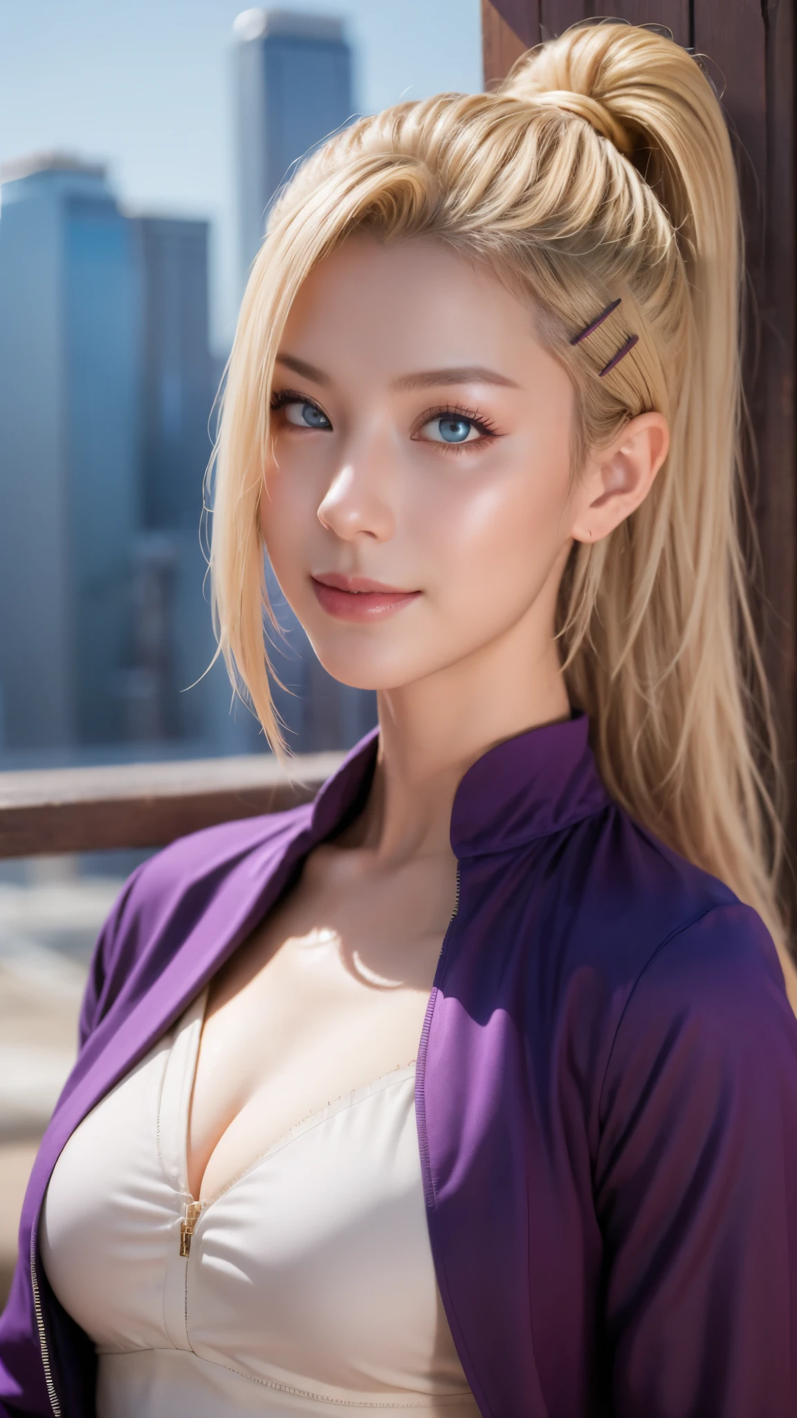 a close up of a person with long hair and a purple jacket, yamanaka ino, yamanaka ino from naruto shippuden, as an anime character, perfect anime face, she has yellow hair with bangs, shemale anime character, anime character, anime best man, hime cut hairstyle, yellow hair, blue eyes, smile, realistic, ultra detail, city background, (beautiful face:1.3)