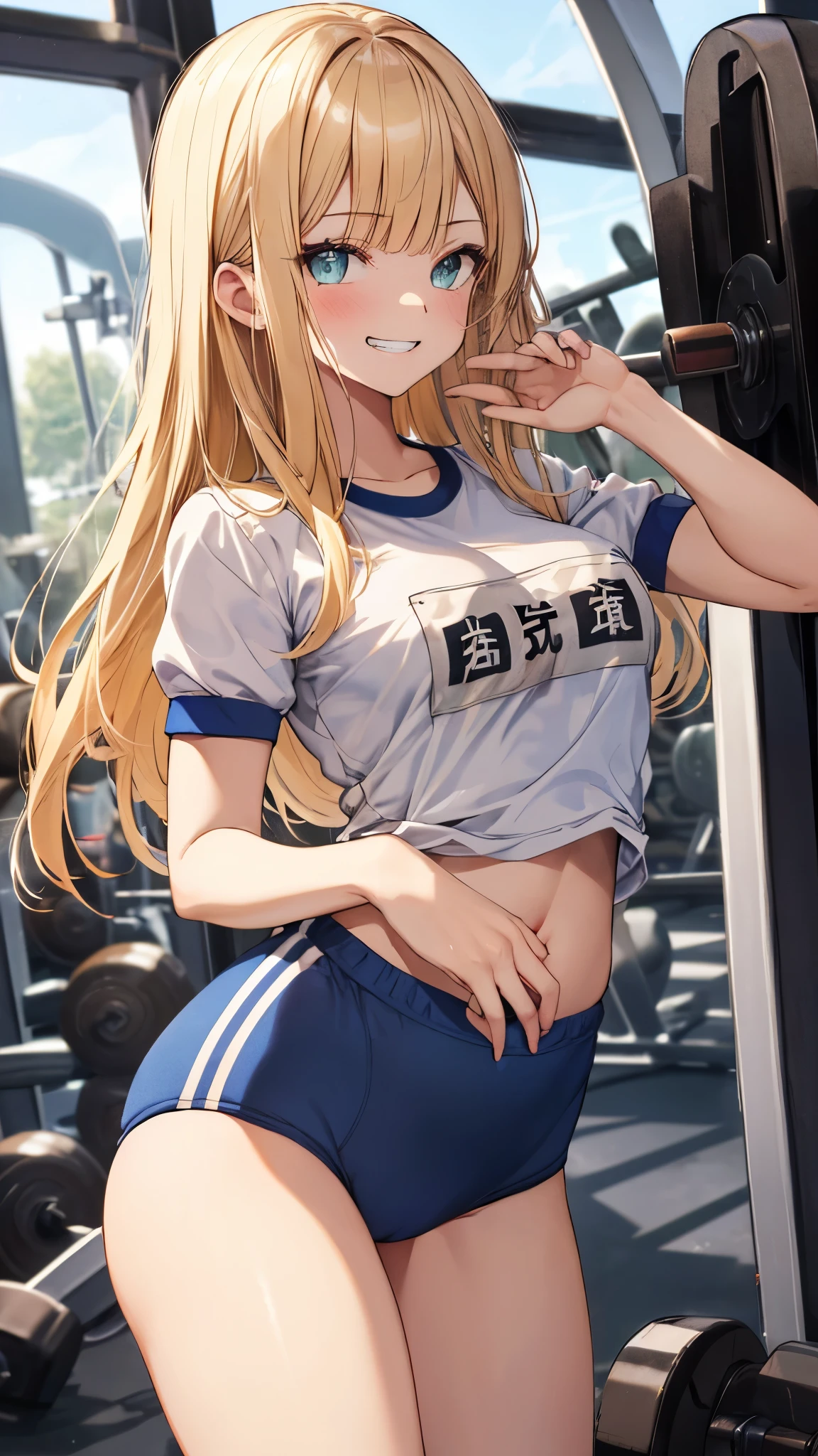 All body,1girl,solo,reines, yellow hair, (green eyes), long hair, bangs, blunt bangs,(white gym shirt, short sleeve,gym uniform,dark blue buruma:1.3),cameltoe,fashion model pose,showcasing cleavage,grin,(playground),masterpiece,Noise Reduction,perfect anatomy,high resolution, ultra-detailed, ultra-detailed face,game cg,dutch angle ,beautiful detailed eyes,visualart,five fingers, perfect hands, perfect lighting, sparkling pupils,