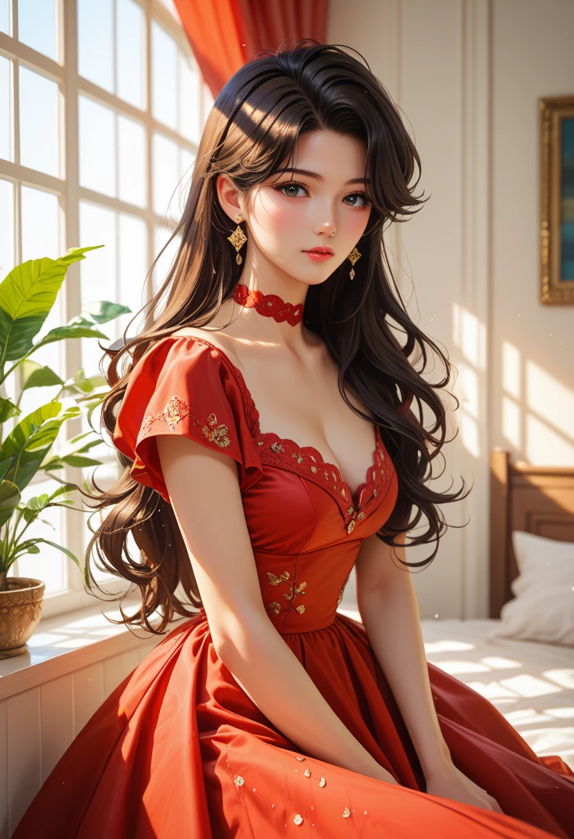 blush a little and smile, (Top quality masterpiece:1.2) Delicate illustrations, Very detailed, /Beautiful Japanese Women、1 person,Very cute and slim、Great style 、((8K images、super high quality))、Very delicate face, Skin and Hair、beautifule forehead、Red lipstick、(((((Mid-length hair、Brown Hair、lure))))),Very cute Japanese cut face、Eyes and nose are clearly visible、Kind eyes,((((Sleeveless fashion))))
