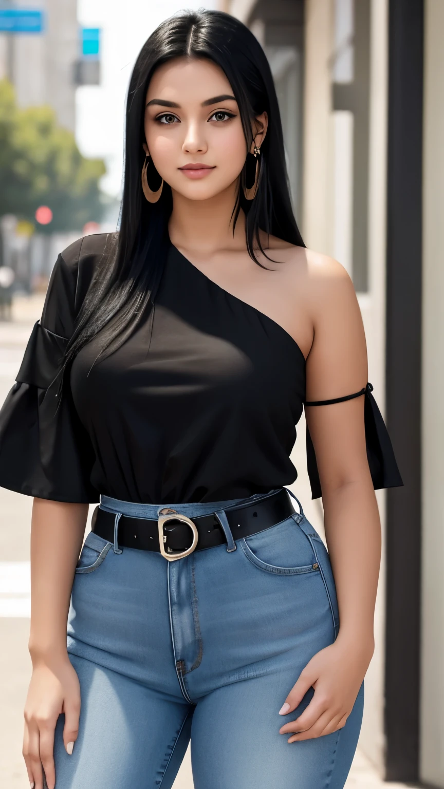 Beautiful 18-year-old girl with straight and long black hair wearing light-eyed earrings wearing light-eyed earrings wearing a short black one-shoulder blouse and high-waisted jeans with a chubby belt showing her navel