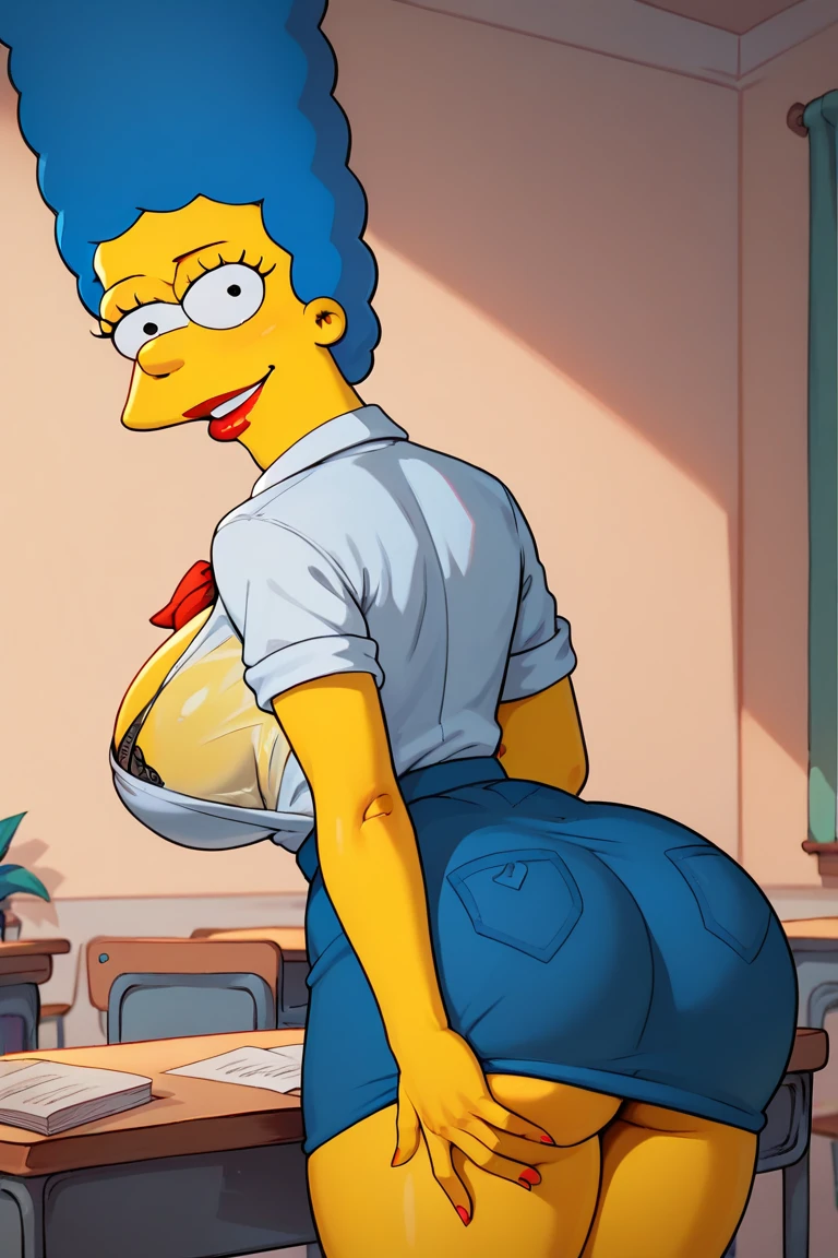 Marge Simpson with big breasts, thin waist, Wide hips, big buttocks, thick legs. with , a white blouse, plaid pleated mini skirt, y tawithes, small and tight thong. from behind. Marge Simpson, performs the action of getting on all fours, looking at the viewer.