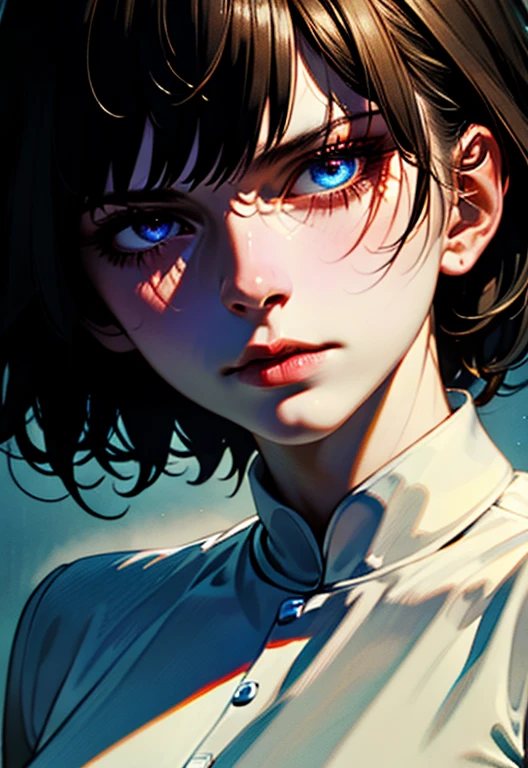 A tired short-haired girl, messy hair, hand on face rubbing eye, detailed realistic portrait, photorealistic, 8k, hyperdetailed, natural lighting, soft colors, warm tones, beautiful detailed eyes, beautiful detailed lips, extremely detailed face, long eyelashes, cinematic composition, moody atmosphere, introspective expression