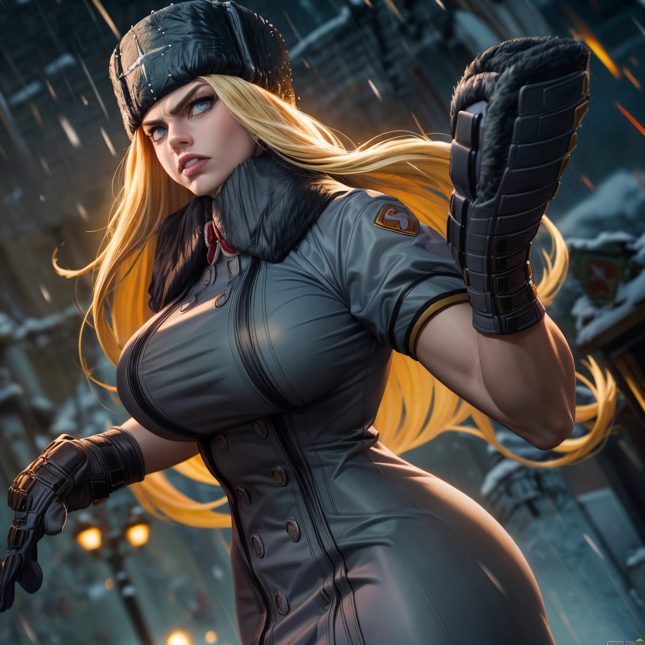 ( super real,32K, Masterpiece:1.2),( Highly Detailed Skin :1.1),( High Quality :1.1),
(anger:1.1),SF Colin, Blonde, blue eyes, fur hat, Black Coat , elbow gloves, upper body, snow, Grey Sky, Fighting Stance, Bokeh, frowned , Serious, Audience , is standing ( huge breasts , big boobs:1.1),(Backlight:1.1),