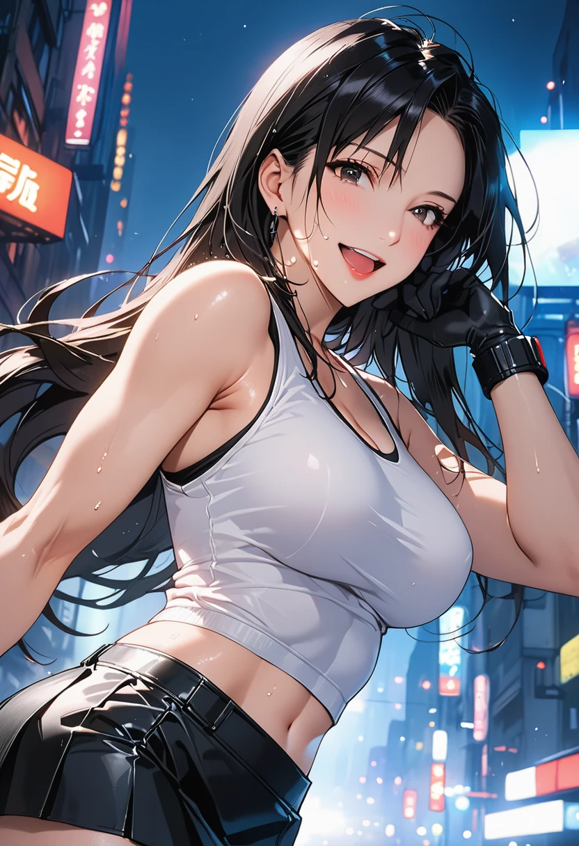 masterpiece, Best Quality, High resolution,16k,official art,super detailed skin,detailed,animated painting, (Tifa Lockhart:1.3),1990s \(style\),(white tanktop,black mini skirt,black glove:1.3)、(G-cup beautiful breasts)、clevage, (tall:1.3),height: 170cm,Fashion model body type、Sweating all over the body、vapor、(Muscular:1.4)、abdominal mustle,(sexy),nsfw,Sweaty、Configuration from the front、happy,big laugh,Ahegao、Anime-style painting style,black hair,long hair,Close up on full body,Cinematic lighting,Superfine,in the city,night,winter,cyberpunk,(sexy),extreme closeup