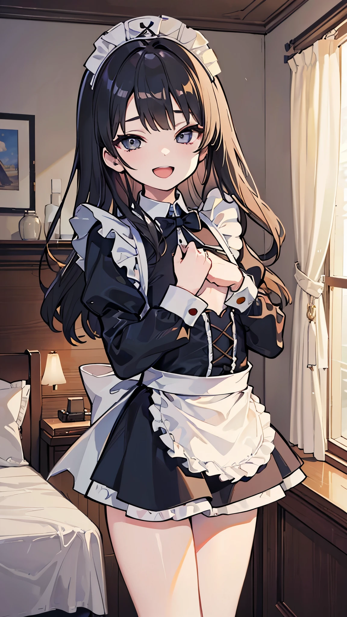 1girl in、A smile、A delightful、skirt by the、(small tits)Chilarism、doress、pinafore,,,,,,、Maids,,,,,,,,、hair adornments、movement、