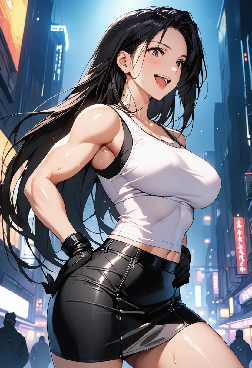 masterpiece, Best Quality, High resolution,16k,official art,super detailed skin,detailed,animated painting, (Tifa Lockhart:1.3),1990s \(style\),(white tanktop,black mini skirt,black glove:1.3)、(G-cup beautiful breasts)、clevage, (tall:1.3),height: 170cm,Fashion model body type、Sweating all over the body、vapor、(Muscular:1.4)、abdominal muscle,(sexy),nsfw,Sweaty、Configuration from the front、happy,big laugh,Ahegao、Anime-style painting style,black hair,long hair,Close up on full body,Cinematic lighting,Superfine,in the city,night,winter,cyberpunk,(sexy),extreme closeup