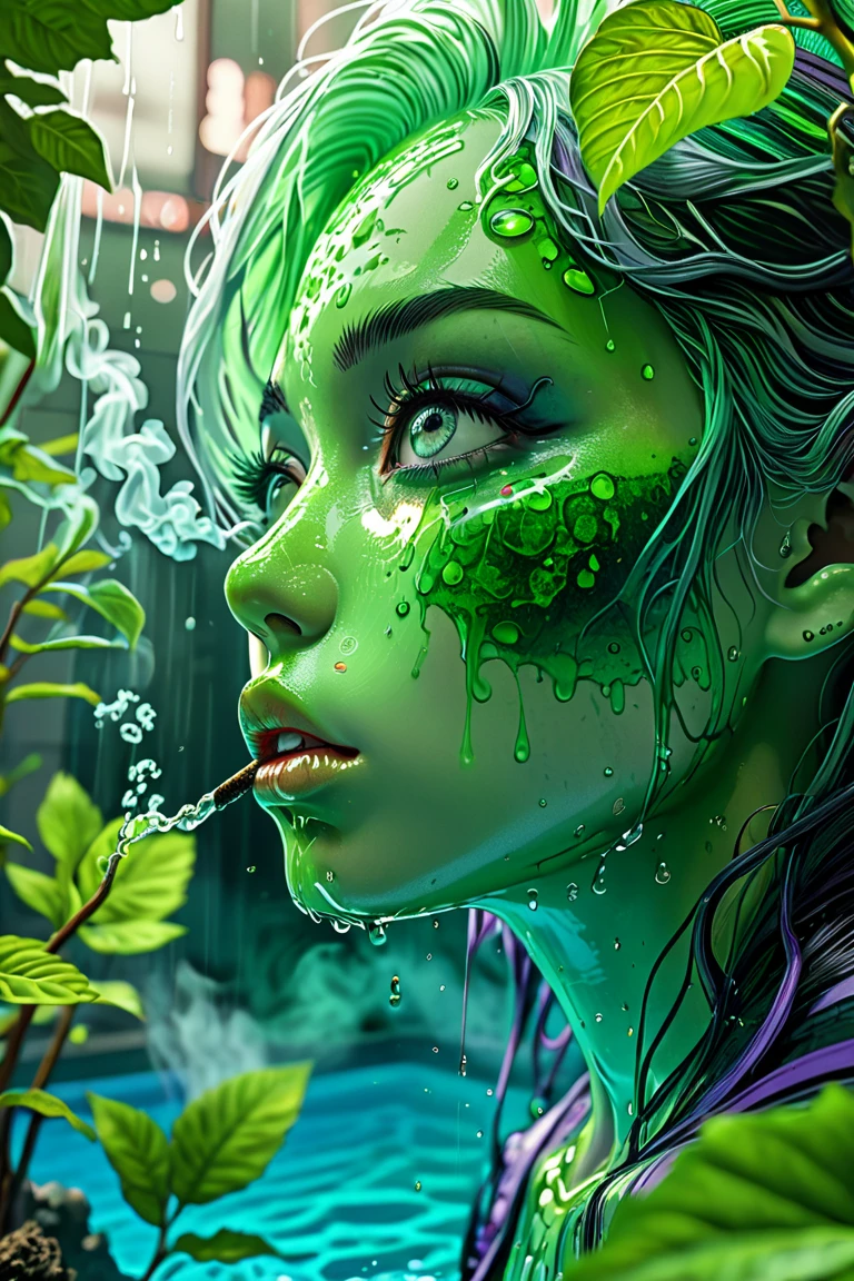 (Ultra-detailed face, looking away, Fantasy Illustration with Gothic, Ukiyo-e, Comic Art, Rich colors), 
BREAK 
(This is a world made of green acid. In the pool of acid, there is a gush of smoke and a pungent green smoke. Plants made of glass fibers suck up the acid from their roots, and the acid drips from their trunks, stems, and leaves like rain.)