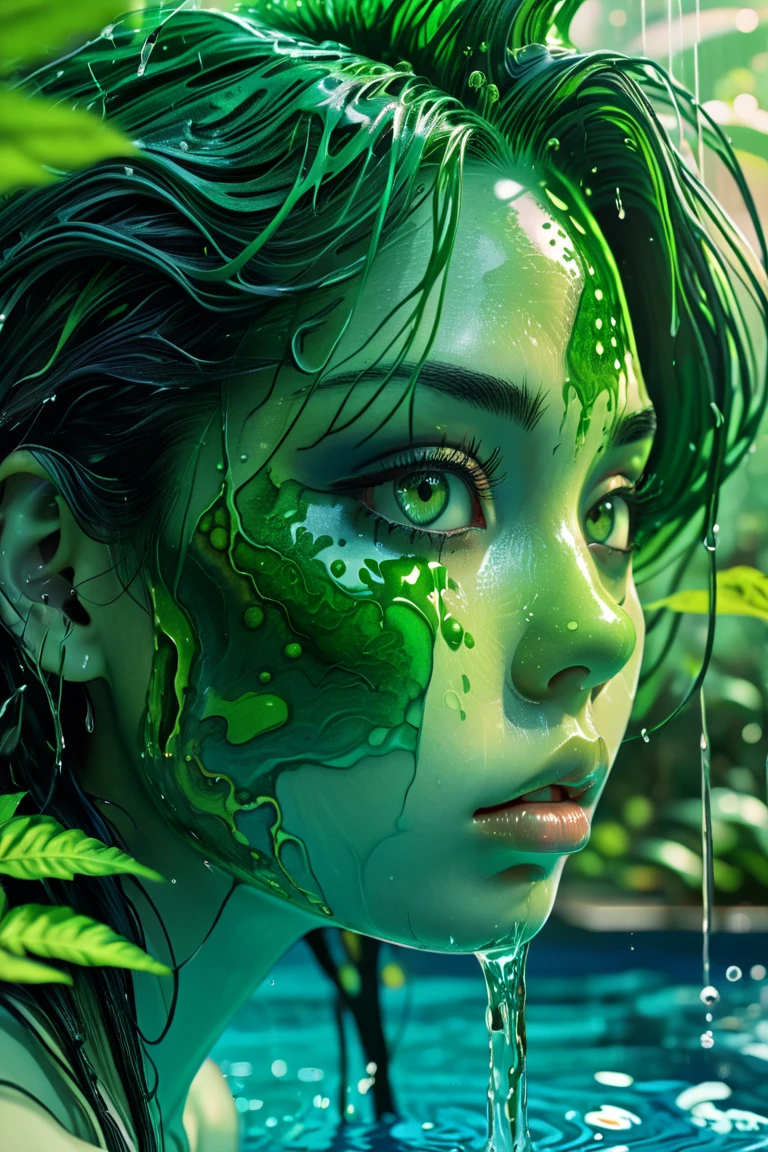 (Ultra-detailed face, looking away, Fantasy Illustration with Gothic, Ukiyo-e, Comic Art, Rich colors), 
BREAK 
(This is a world made of green acid. In the pool of acid, there is a gush of smoke and a pungent green smoke. Plants made of glass fibers suck up the acid from their roots, and the acid drips from their trunks, stems, and leaves like rain.)