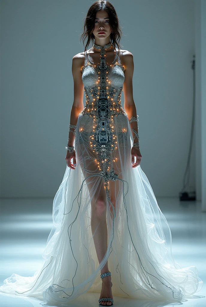 The dress is made of electric threads and shimmering electric webs., neon and luminescence, inspired by Bert Hickman