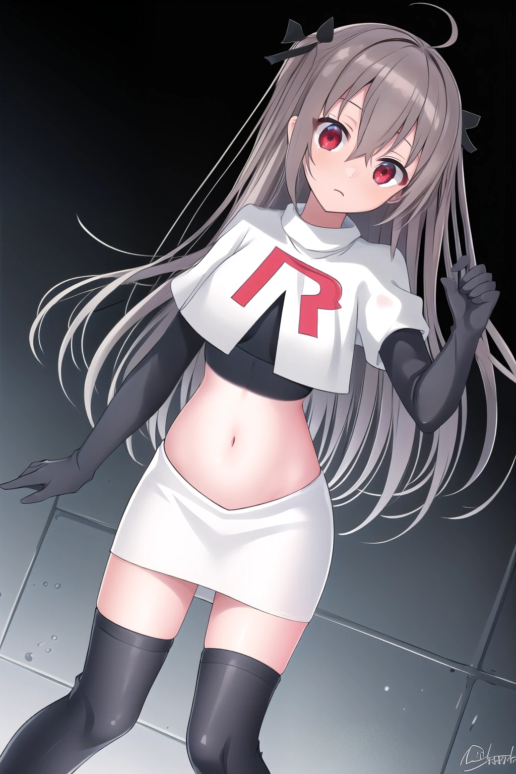 atri,1girl,red eyes,solo,ahoge,long hair,black ribbon,ribbon,hair ribbon,hair between eyes,blush,very long hair,team rocket,team rocket uniform,white skirt,red letter R,crop top,black thigh-highs,black elbow gloves