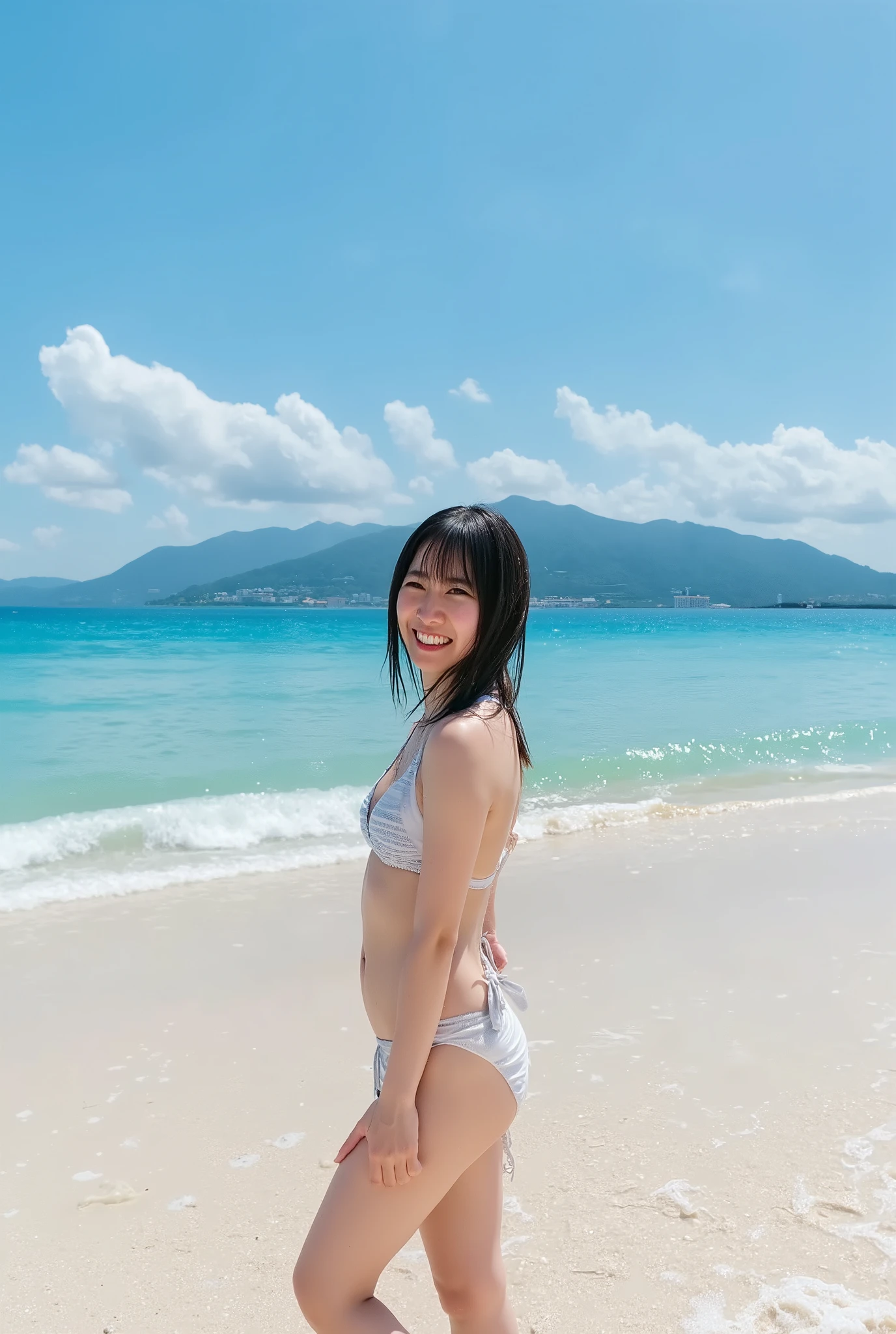((( sunny day、 Japanese  、 Beach 、 strong winds 、 my hair and skirt are flying、(( striped ),( transparent micro bikini),(  White Micro Bikinis)),、Playing in the sea:1.25、 splash、Throwing water at the camera、smile、Laughter、sandy beach、 sunshine、 clear blue ocean 、The waves gently crash on the shore、Blue sky with white clouds、Green Mountain々、Beautiful Nature、The joy of youth)))、((( Light emanating from the composition :1.33)))、(((8k、 best quality 、Masterpiece、 super A high resolution)))、( realistic:1.4)、 RAW photos、( texture of real skin :1.3)、( film grain:1.3)、(( no underwear、 one leg))、 one girl、Beautiful, detailed eyes and face 、barefoot