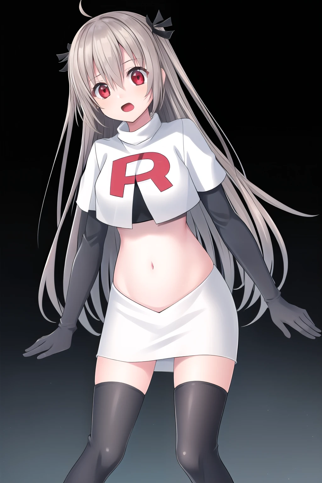 atri,1girl,red eyes,solo,ahoge,long hair,black ribbon,ribbon,hair ribbon,hair between eyes,blush,very long hair,team rocket,team rocket uniform,white skirt,red letter R,crop top,black thigh-highs,black elbow gloves