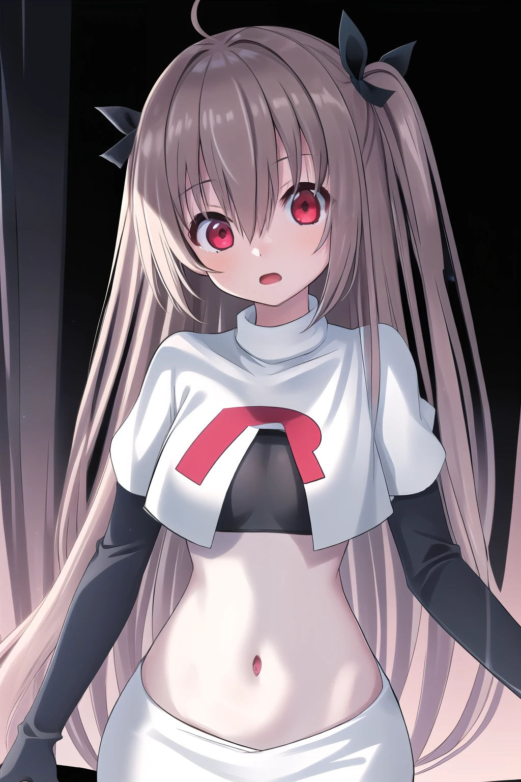 atri,1girl,red eyes,solo,ahoge,long hair,black ribbon,ribbon,hair ribbon,hair between eyes,blush,very long hair,team rocket,team rocket uniform,white skirt,red letter R,crop top,black thigh-highs,black elbow gloves