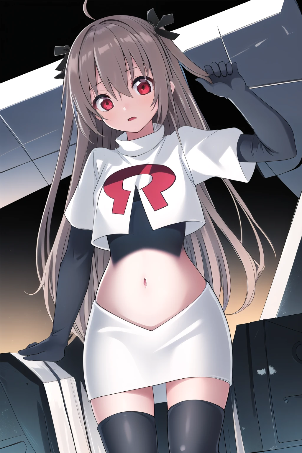 atri,1girl,red eyes,solo,ahoge,long hair,black ribbon,ribbon,hair ribbon,hair between eyes,blush,very long hair,team rocket,team rocket uniform,white skirt,red letter R,crop top,black thigh-highs,black elbow gloves