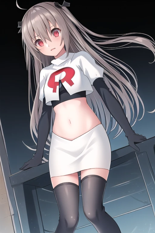 atri,1girl,red eyes,solo,ahoge,long hair,black ribbon,ribbon,hair ribbon,hair between eyes,blush,very long hair,team rocket,team rocket uniform,white skirt,red letter R,crop top,black thigh-highs,black elbow gloves