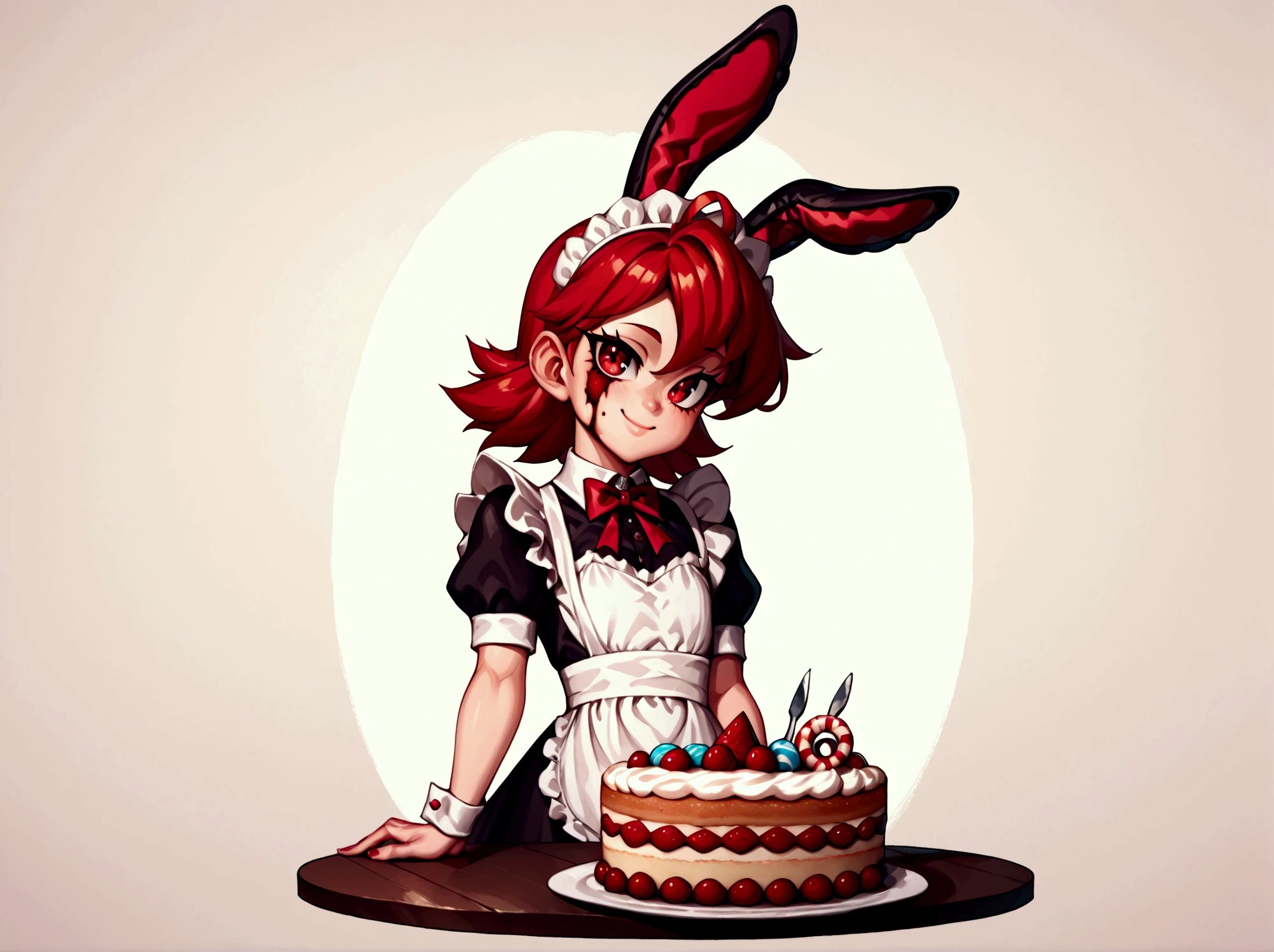 score_9, score_8_up, score_7_up, score_6_up, score_5_up, score_4_up, (source_anime),  1girl, flat chest, smile, beautiful face, red hair, whiteskin, red eyes, beautiful eyes, fixed, face fixed, eyes fixed mouth, maid outfit, cake, bloody knife, bunny ears, candy shop, full body