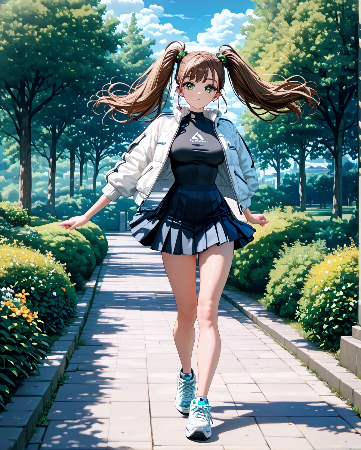 table top, highest quality, figure, super detailed, finely, High resolution, 8k wallpaper, 完璧なダイナミックな構figure, beautiful and fine eyes,natural color lip, random  poses,look at the camera,table top, highest quality, figure, super detailed, finely, High resolution, 8k wallpaper, 完璧なダイナミックな構figure, beautiful and fine eyes,short hair, natural color lip,smile,,,standing in the park,(The wind blows and lifts up my brown skirt,I can see your panties:1.6),cowboy_shot,18 year old girl,Backlight　looking here　the body is facing forward　mini skirt　camisole　black hair　Wearing glasses　Low - Angle　ロングshot　whole body　full body