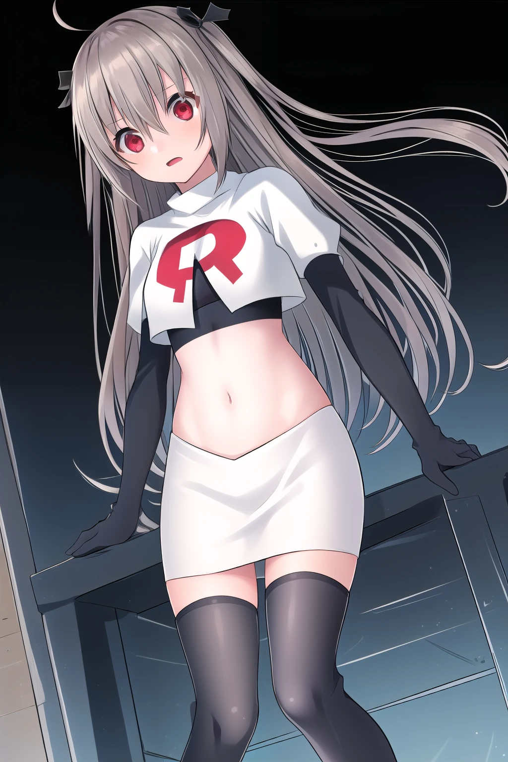 atri,1girl,red eyes,solo,ahoge,long hair,black ribbon,ribbon,hair ribbon,hair between eyes,blush,very long hair,team rocket,team rocket uniform,white skirt,red letter R,crop top,black thigh-highs,black elbow gloves