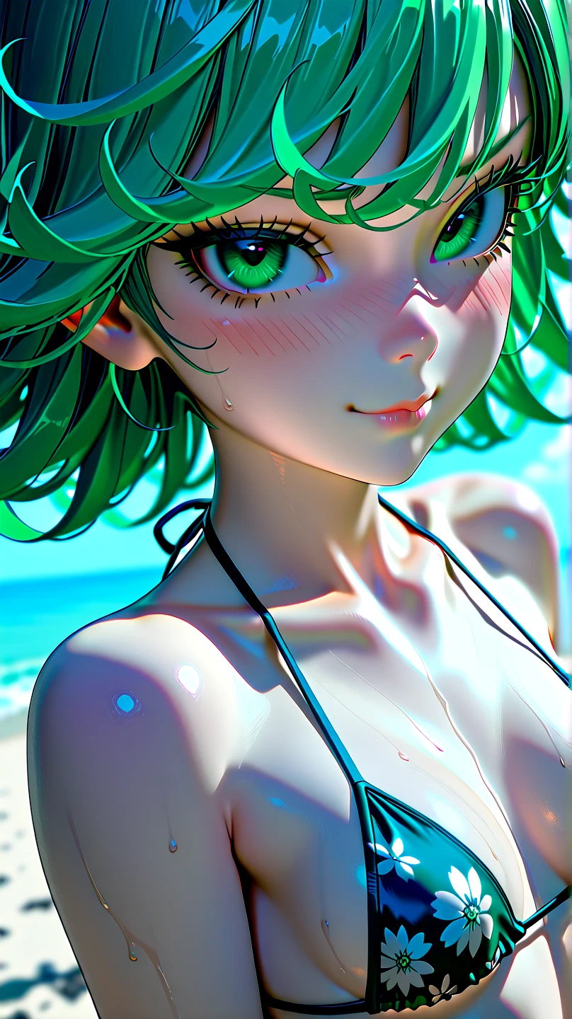 tatsumaki ( one punch man), cute , highly detailed, 8k, attractive beautiful, retouch, micro bikini , beach , small breasts, blushing , high resolution, , bikini, eyes, eyelashes, lips, hair, lip bit, floral bikini  , loli, portrait , small smile, 3D, cute, wet