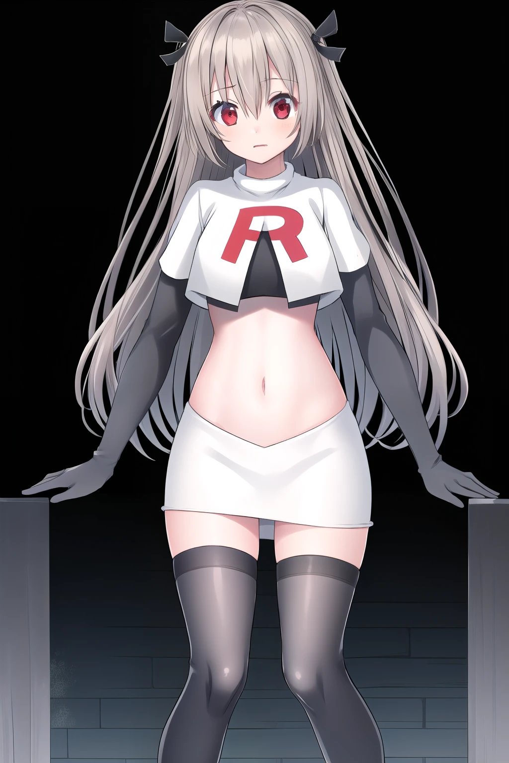 atri,1girl,red eyes,solo,ahoge,long hair,black ribbon,ribbon,hair ribbon,hair between eyes,blush,very long hair,team rocket,team rocket uniform,white skirt,red letter R,crop top,black thigh-highs,black elbow gloves