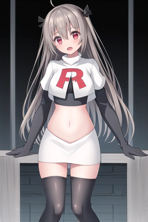 atri,1girl,red eyes,solo,ahoge,long hair,black ribbon,ribbon,hair ribbon,hair between eyes,blush,very long hair,team rocket,team rocket uniform,white skirt,red letter R,crop top,black thigh-highs,black elbow gloves