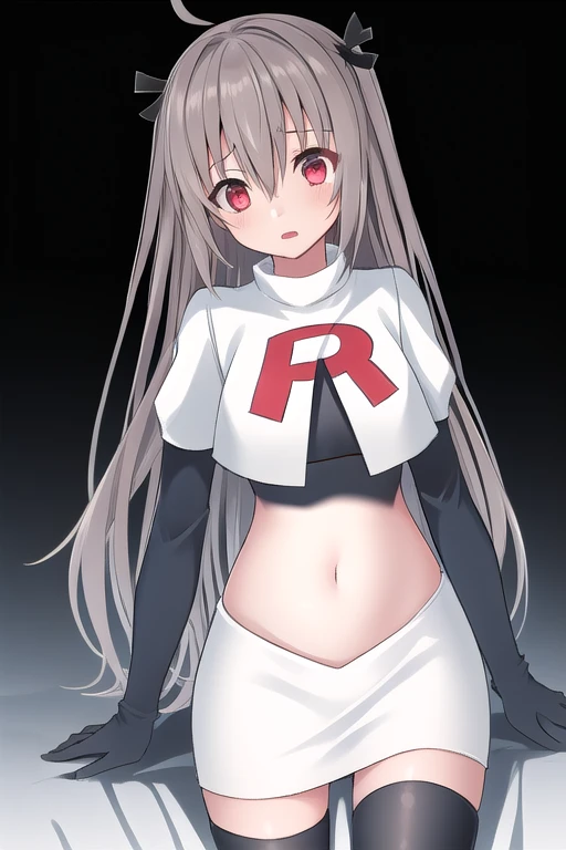 atri,1girl,red eyes,solo,ahoge,long hair,black ribbon,ribbon,hair ribbon,hair between eyes,blush,very long hair,team rocket,team rocket uniform,white skirt,red letter R,crop top,black thigh-highs,black elbow gloves