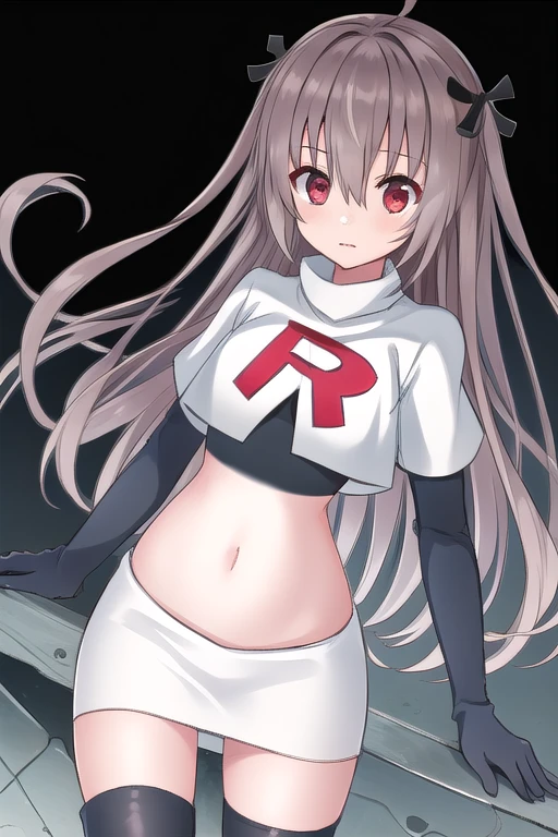 atri,1girl,red eyes,solo,ahoge,long hair,black ribbon,ribbon,hair ribbon,hair between eyes,blush,very long hair,team rocket,team rocket uniform,white skirt,red letter R,crop top,black thigh-highs,black elbow gloves