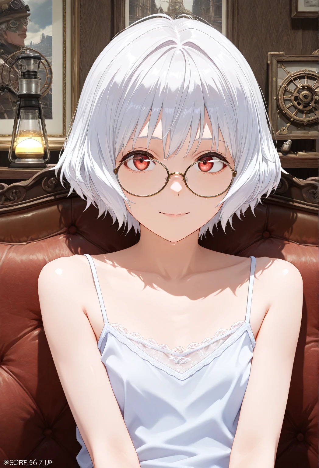 (ultra realistic photo, raw photo, portrait, Realism, 3D rendering, from movie stills, blender render, art academia, main artwork, soft lines,   steampunk)、I want a picture of someone reading a manga book while sitting and wearing glasses, red eyes, ((saggy camisole, small chest)), white hair, short hair,