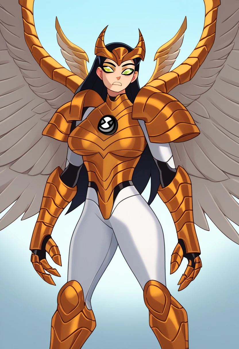 score_1_up, 1 woman,  green eyes, wings, white wings, multiple wings, 4 wings, armor, armor de metal, golden armor,  black hair, Big breasts, white pants, Long hair , armor solar, Ben 10, 1 Insignia, green insignia, 4 alas en la espalda, cuerpo completo