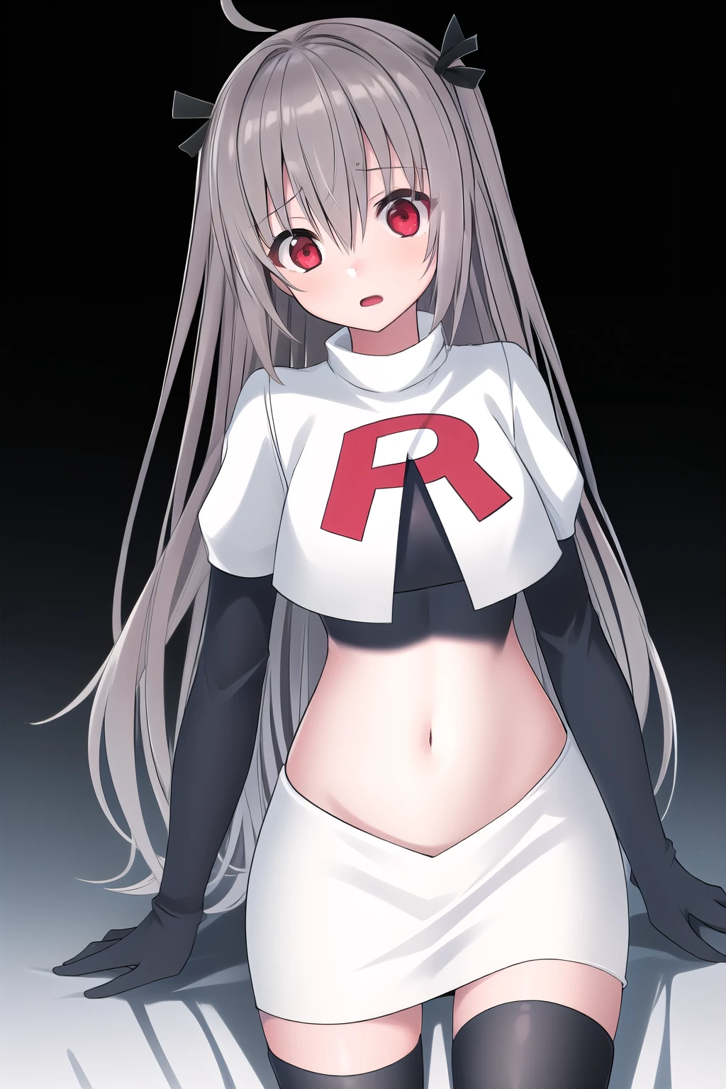 atri,1girl,red eyes,solo,ahoge,long hair,black ribbon,ribbon,hair ribbon,hair between eyes,blush,very long hair,team rocket,team rocket uniform,white skirt,red letter R,crop top,black thigh-highs,black elbow gloves