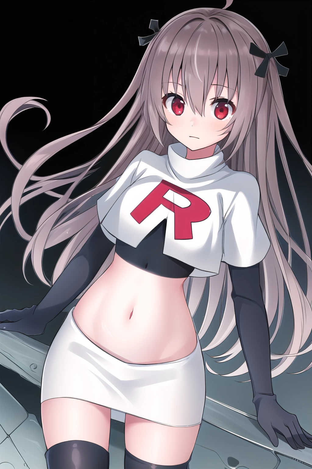 atri,1girl,red eyes,solo,ahoge,long hair,black ribbon,ribbon,hair ribbon,hair between eyes,blush,very long hair,team rocket,team rocket uniform,white skirt,red letter R,crop top,black thigh-highs,black elbow gloves