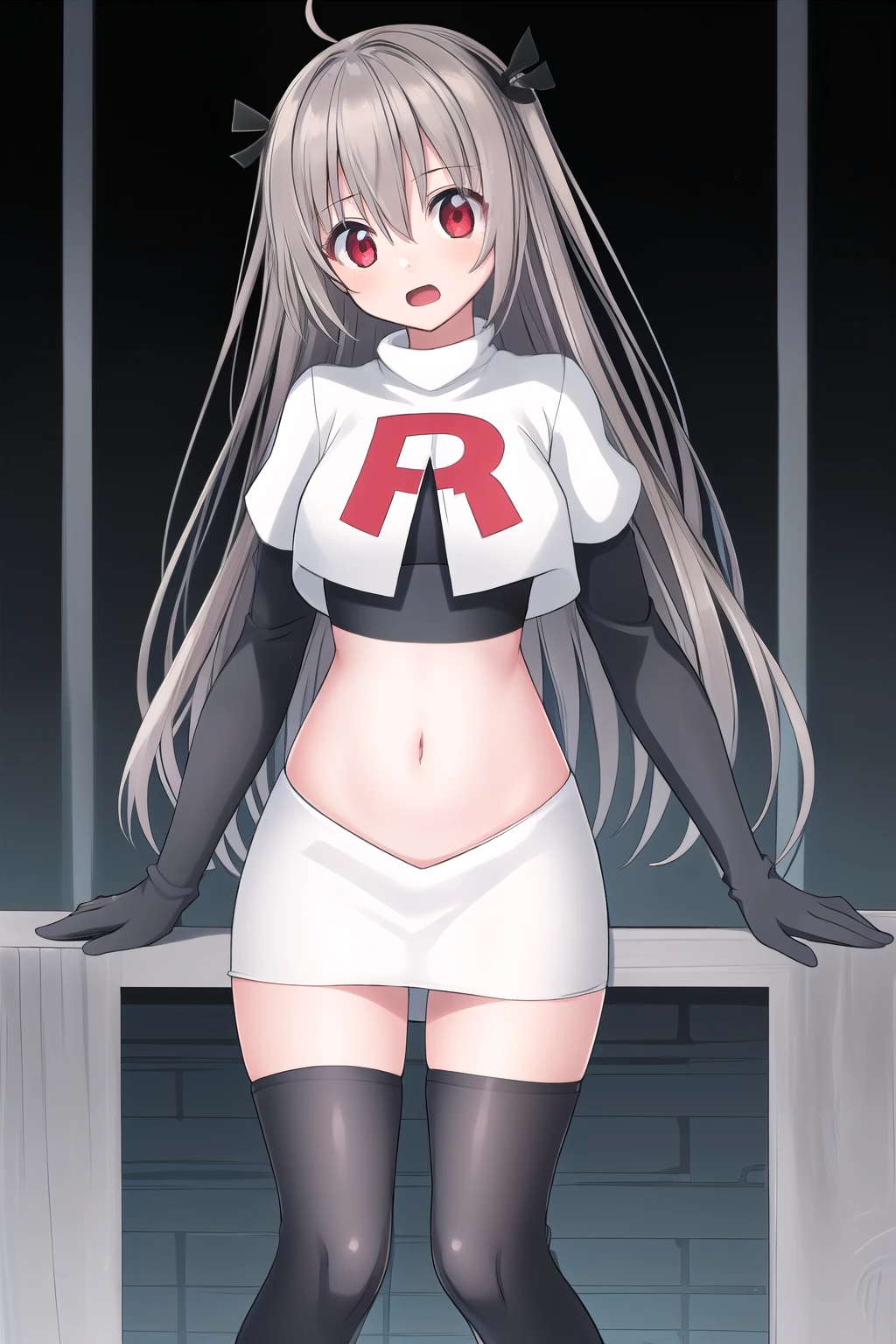 atri,1girl,red eyes,solo,ahoge,long hair,black ribbon,ribbon,hair ribbon,hair between eyes,blush,very long hair,team rocket,team rocket uniform,white skirt,red letter R,crop top,black thigh-highs,black elbow gloves