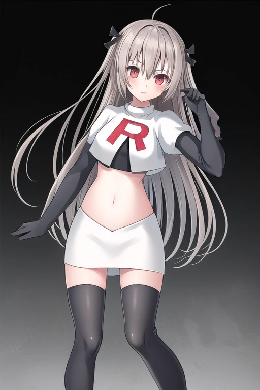 atri,1girl,red eyes,solo,ahoge,long hair,black ribbon,ribbon,hair ribbon,hair between eyes,blush,very long hair,team rocket,team rocket uniform,white skirt,red letter R,crop top,black thigh-highs,black elbow gloves