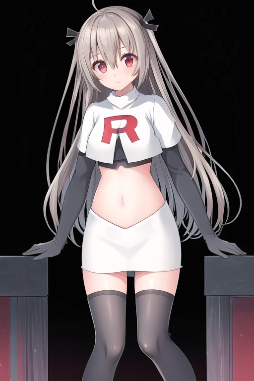 atri,1girl,red eyes,solo,ahoge,long hair,black ribbon,ribbon,hair ribbon,hair between eyes,blush,very long hair,team rocket,team rocket uniform,white skirt,red letter R,crop top,black thigh-highs,black elbow gloves