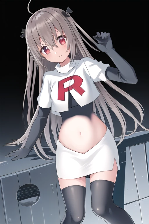 atri,1girl,red eyes,solo,ahoge,long hair,black ribbon,ribbon,hair ribbon,hair between eyes,blush,very long hair,team rocket,team rocket uniform,white skirt,red letter R,crop top,black thigh-highs,black elbow gloves